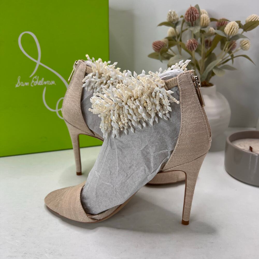 Sam Edelman Gillie Linen Beaded Shell Ankle Strap Heel Sand Heels Women 8M NWB - Picture 7 of 11